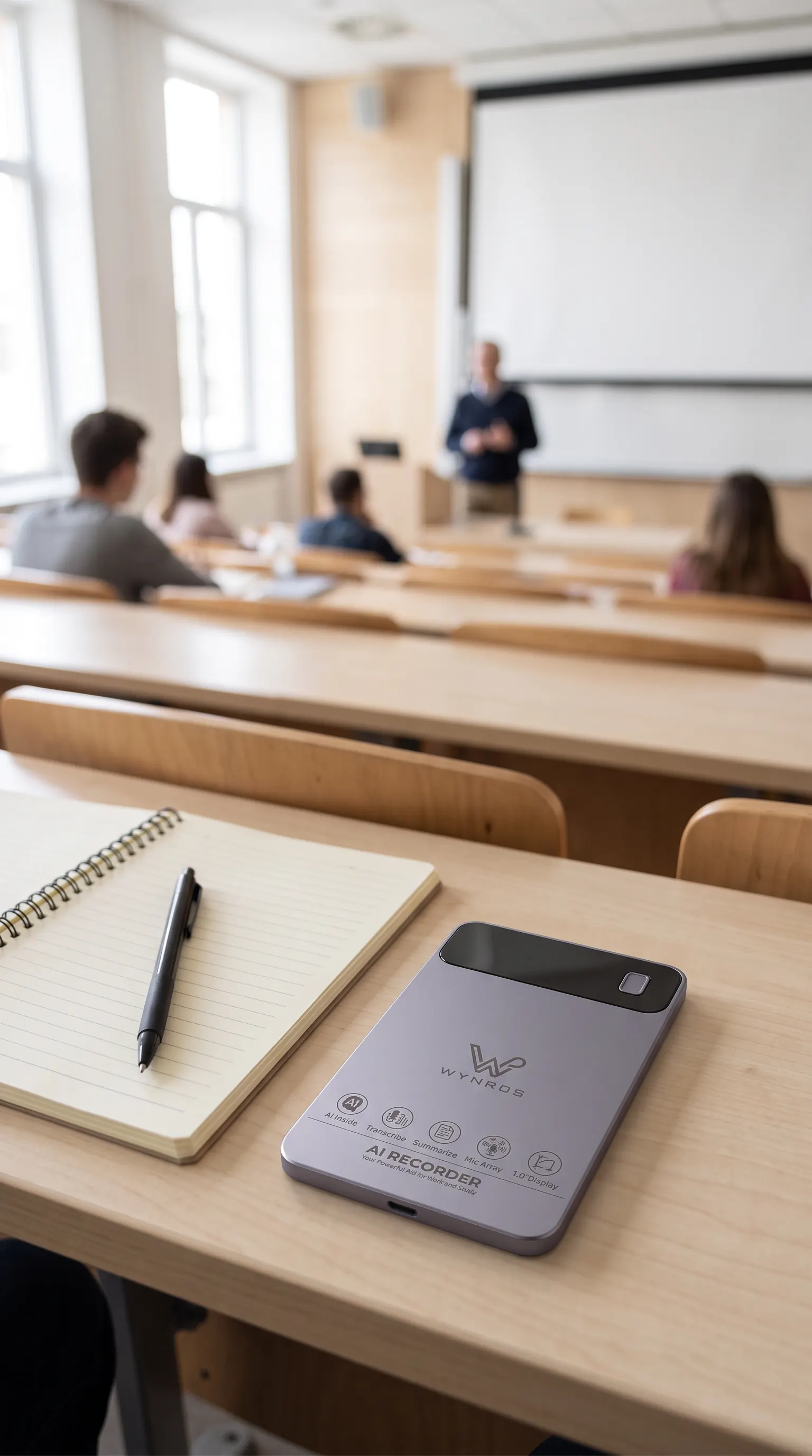 L’enregistreur WYNROS posé sur une table de cours, en amphithéâtre