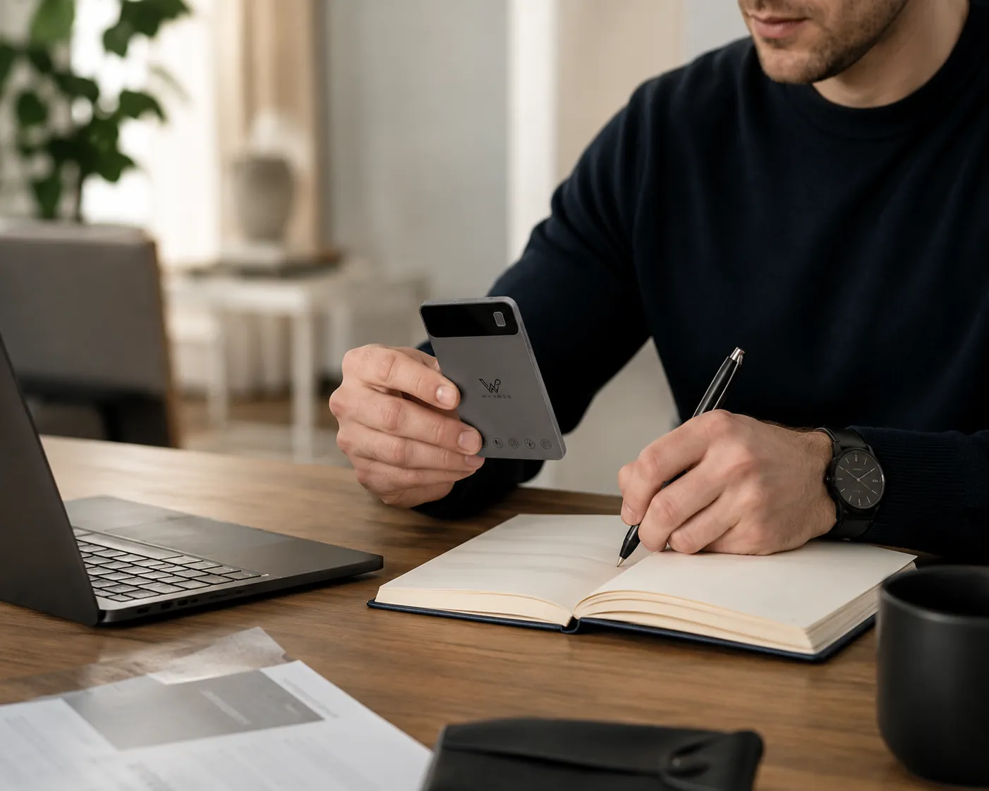 L'enregistreur WYNROS tenu en main à un bureau, à côté d'un carnet et d'un ordinateur portable