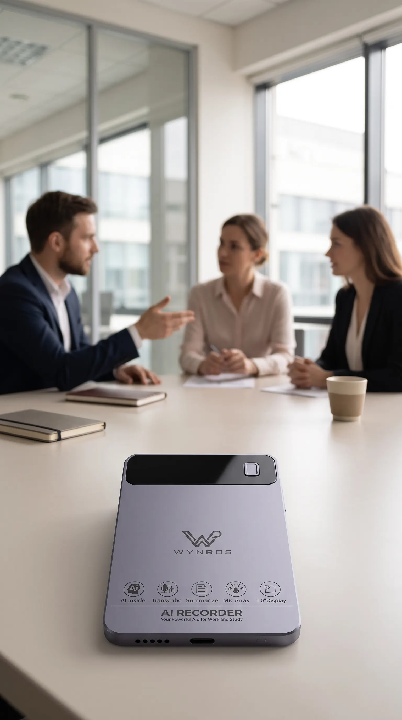 L'enregistreur WYNROS posé au centre d'une table de réunion pendant une discussion à trois
